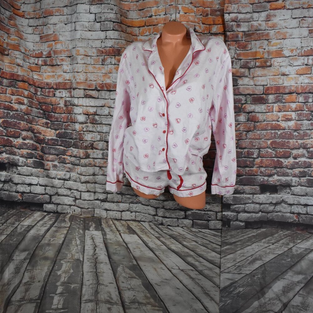 Victorias Secret Medium XL Pajama 2 Piece Set Valentine Conservation Hearts - Picture 2 of 12